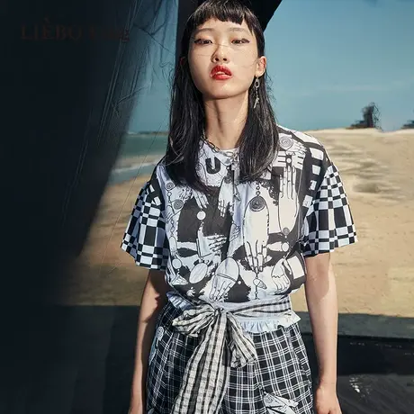 裂帛LIEBOFeng2023年新商场同款百搭撞色拼接针织宽松短袖T恤图片