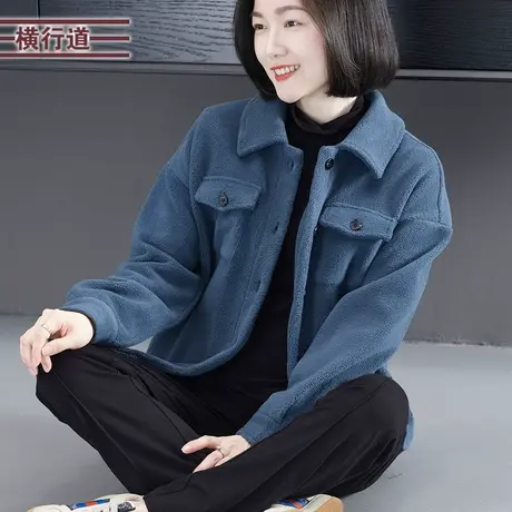 2023冬季新款简约宽松翻领摇粒绒纯色长袖外套女大码外穿保暖上衣商品大图