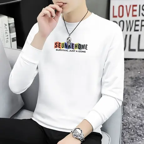 重磅纯棉白色卫衣男2023新款摇粒绒加厚字母印花圆领无帽长袖t恤商品大图