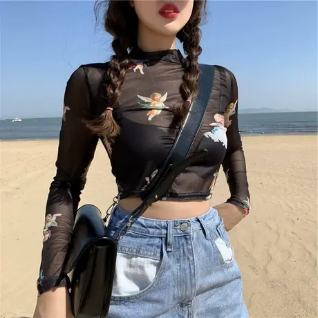 心机印花网纱短款漏脐长袖T恤女2020夏季新品小众修身打底衫上衣图片