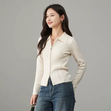 娅丽达设计感针织开衫女2025春季新款女装翻领显瘦毛衣外搭羊毛衫商品大图