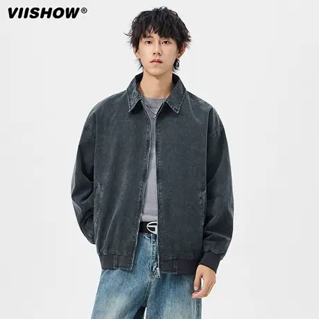 VIISHOW潮牌美式做旧底特律工装翻领夹克男复古宽松小众潮流外套商品大图