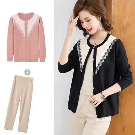妈妈洋气上衣春秋装套装薄款开衫圆领中老年女设计感简约针织小衫图片