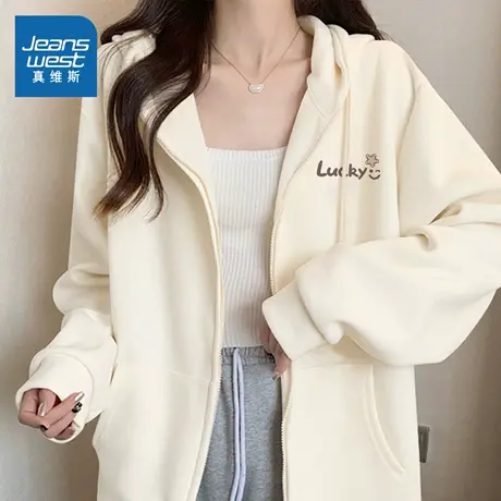 JR真维斯甜美连帽卫衣女2025春秋季新款cleafit杏色洋气外套女装商品大图
