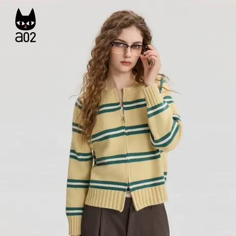 a02宽松条纹毛衣女2025新款秋季加厚开衫慵懒松弛感抗起球针织衫商品大图