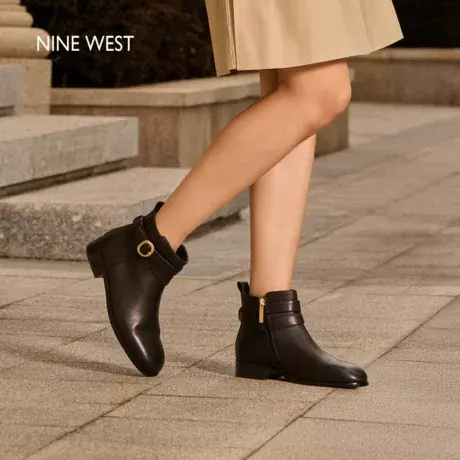 Nine West/玖熙真皮短靴女秋冬新款黑色显瘦马丁靴粗跟靴子图片