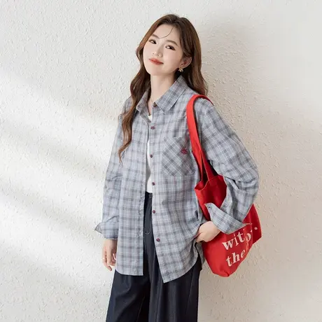 唐狮新款长袖衬衫女蓝色翻领撞色日系百搭休闲气质上衣blTM图片