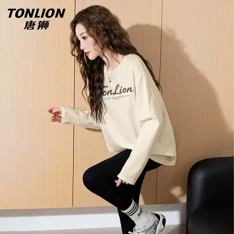 唐狮官方杏色纯棉长袖t恤女2026春秋新款女士休闲圆领内搭上衣VB图片