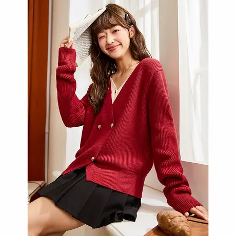 唐狮秋冬季新款V领慵懒红色毛衣女假两件设计感套头毛线衫TD图片