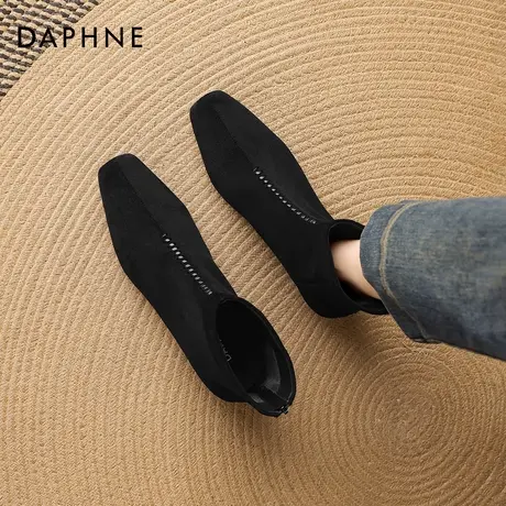 达芙妮方头小短靴女2026新款春季黑色绒面瘦瘦靴子通勤平底马丁靴商品大图