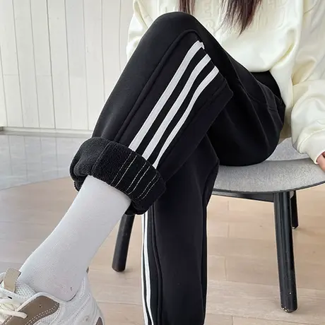 黑色加绒运动裤女秋冬新款高腰显瘦三条杠小个子宽松休闲灯笼卫裤商品大图