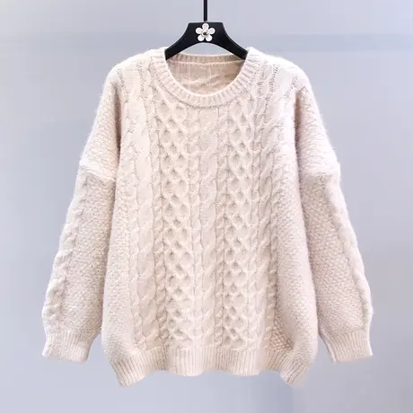 日系慵懒风麻花毛衣女秋冬2023新款宽松加厚中长款温柔软糯针织衫商品大图