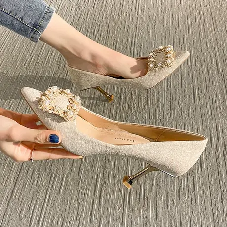 高跟鞋女细跟秋冬季2023年新款法式气质真皮婚鞋方扣尖头伴娘单鞋商品大图