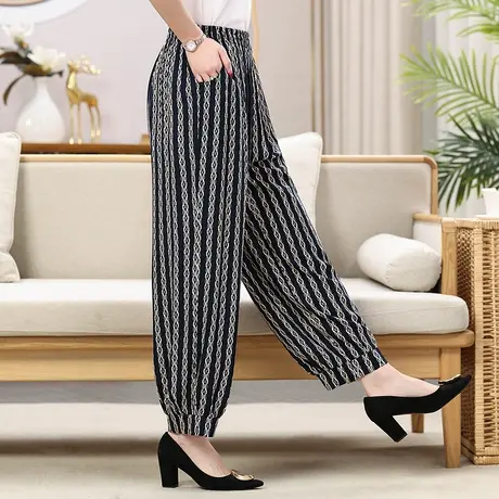 棉绸灯笼裤女中老年夏季宽松高腰条纹民族风广场舞阔腿休闲裤图片