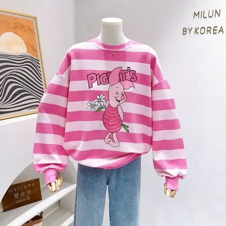 微胖显瘦~ins日系甜美粉色条纹卫衣秋季薄款宽松减龄可爱上衣遮肉商品大图