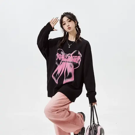 YEP潮牌黑色无帽加绒卫衣女秋冬2023年新款复古宽松oversize上衣图片