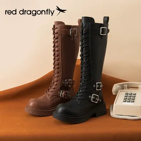 红蜻蜓骑士靴2023年冬季新增高显瘦绑带个性设计长筒靴皮带扣靴子图片
