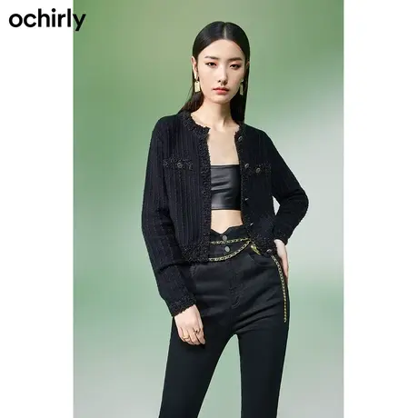 ochirly欧时力 蝴蝶纱小香风针织开衫  新款秋装格子短款外套商品大图