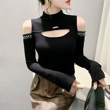 设计感镂空立领上衣性感露肩铆钉拼接打底衫气质减龄修身短款上衣商品大图