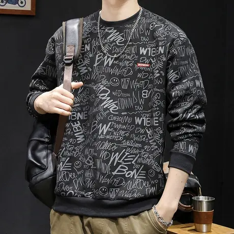 潮牌加绒卫衣男秋冬款圆领男款衣服秋季2023新款男士长袖男装大码商品大图