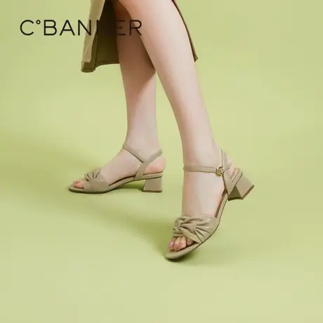 千百度女鞋夏季新款时装凉鞋一字带粗跟羊皮高跟鞋百搭上班通勤图片