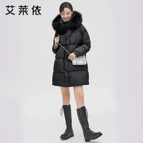 艾莱依羽绒服女士冬季中长款白色鸭绒高端加厚大毛领防寒黑色外套图片