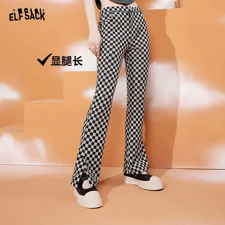 妖精的口袋棋盘格喇叭裤女2023秋季新款格子裤垂感显瘦休闲裤子潮商品大图