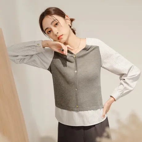 桔熊秋季通勤设计感条纹长袖拼接舒适纯色修身上衣女大码AB18908商品大图