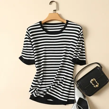 冰丝针织衫短袖t恤女2023年夏季新款圆领宽松显瘦薄款打底衫上衣图片