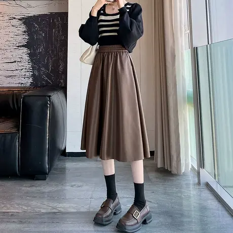黑色高腰a字半身裙女春秋2024新款宽松遮胯显瘦pu皮中长休闲伞裙图片
