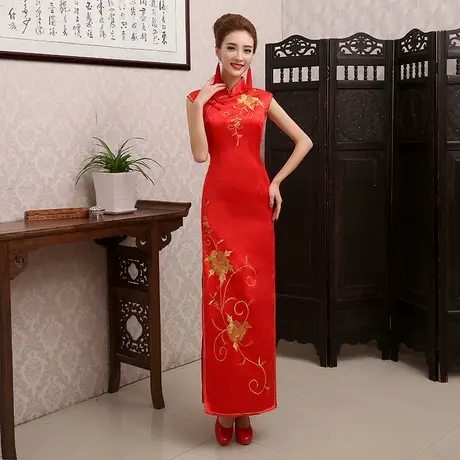 礼仪服装女迎宾旗袍2023新款春夏季前台小姐服红色长款中国风走秀商品大图