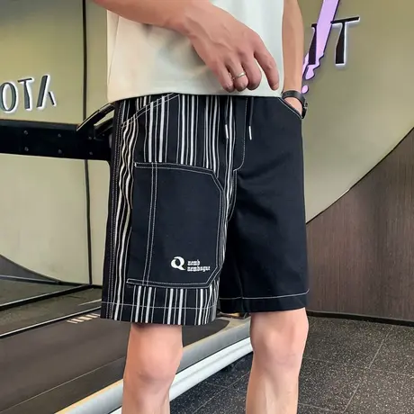 2023新款潮流五分休闲拼接条纹贴布设计感舒适薄款牛仔短裤中裤商品大图