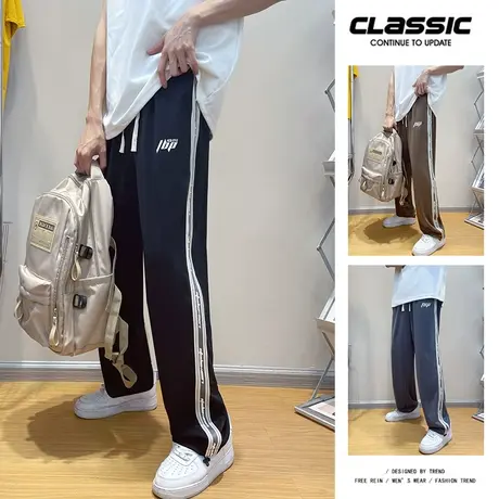 侧边条纹裤子男夏季美式高街阔腿宽松直筒裤潮牌潮流运动休闲长裤商品大图