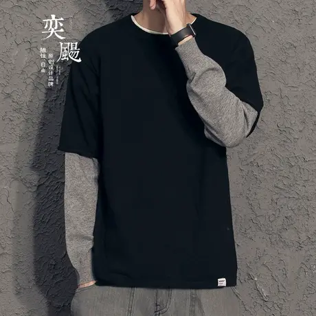 奕飏日系假两件圆领男毛衣 秋冬男士韩版针织衫 休闲套头毛线上衣商品大图
