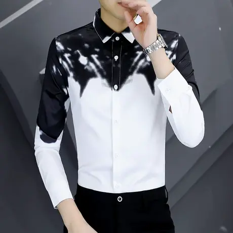 新款2023年秋装衬衣男士潮流设计感拼色韩版修身帅气春秋长袖衬衫商品大图