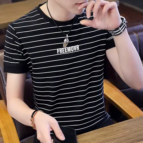 2023新款男士短袖T恤百搭夏季圆领条纹半袖男潮流潮牌上衣服体恤商品大图