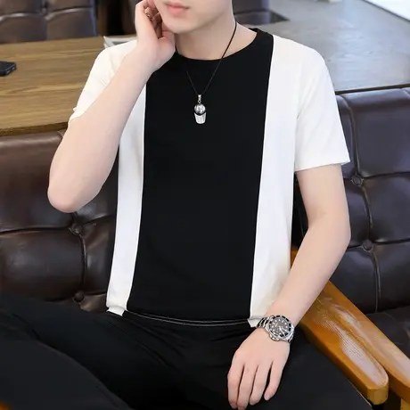 2023新款短袖体恤男全棉拼接黑白灰色系吸汗时尚百搭休闲青年款商品大图