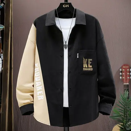 长袖衬衫男春秋季新款潮牌拼色休闲上衣服翻领帅气外套青少年衬衣商品大图