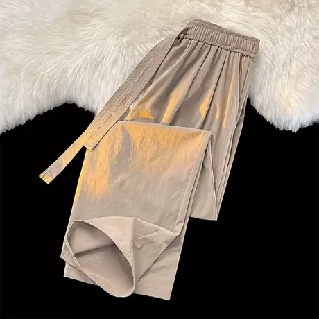 夏季冰丝松紧腰裤子男港风垂感潮流宽松ins中性风阔腿休闲小西裤图片