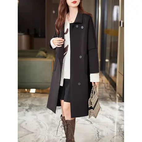 宝诗黎黑色蝙蝠袖长款过膝外套女宽松2024春季新款英伦风气质风衣商品大图