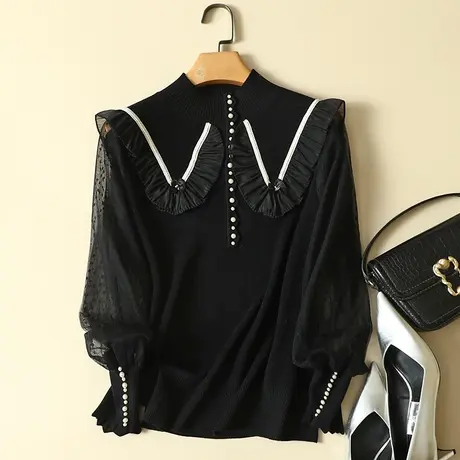 春装2024年新款羊毛半高领针织衫女雪纺袖宽松上衣洋气毛衣打底衫商品大图