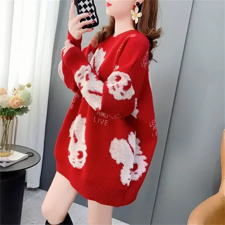 新年红色兔子圆领毛衣女套头2022年新款秋冬宽松加厚洋气减龄上衣商品大图