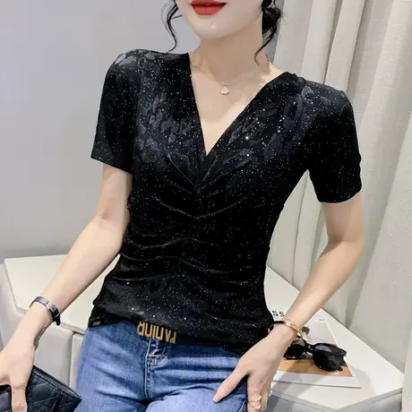 欧货闪亮烫金T恤女短袖2024新款设计感洋气小衫性感V领网纱上衣夏图片