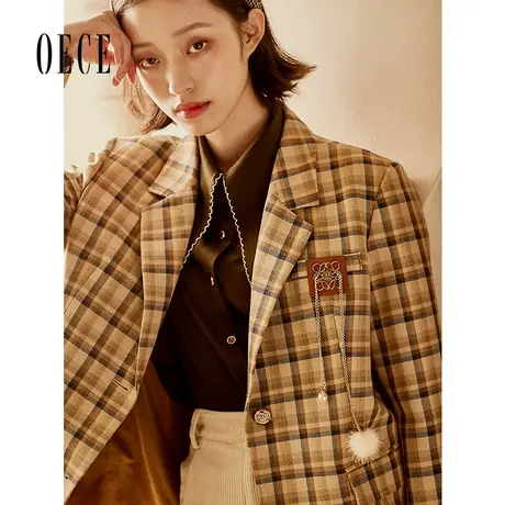 Oece格纹小西装外套春秋秋新款高级感女气质港风小西服商品大图
