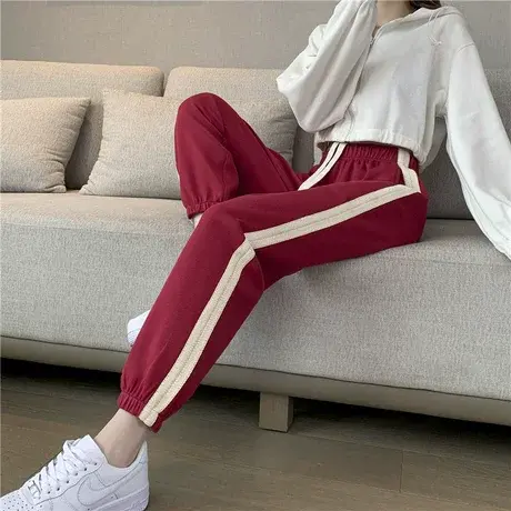 抽绳运动裤子女春秋潮ins宽松束脚2023新款高腰哈伦休闲红色卫裤商品大图