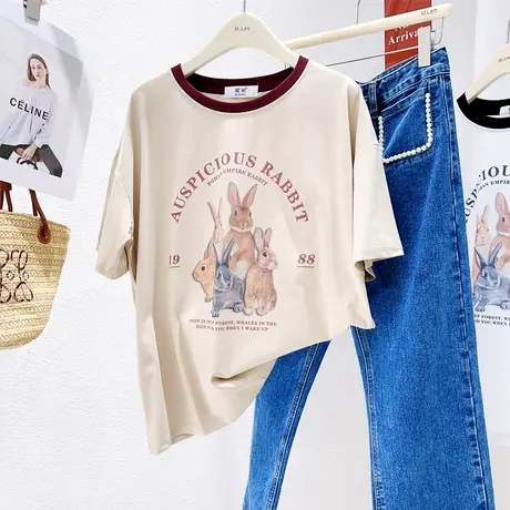 chic复古小众上衣2023夏季新款韩国东大门ins兔子撞色宽松短袖T恤商品大图