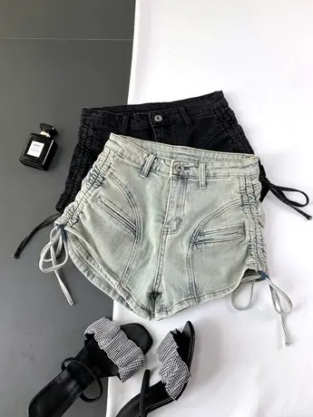 韩版不规则抽绳绑带牛仔短裤2023夏季新款显瘦百搭高腰阔腿弹力裤商品大图