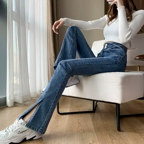 高腰牛仔裤女开叉微喇裤春秋季2023年新款裤子显瘦拼接分叉喇叭裤商品大图