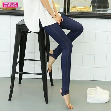 新女士弹力仿牛仔踩脚加肥打底裤外穿长弹力薄款加大码黑色踏脚裤图片