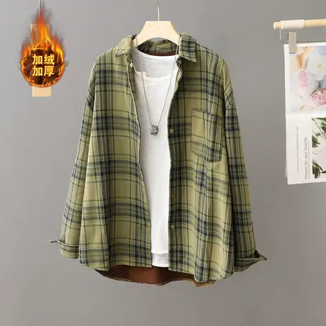 港风复古加绒加厚格子衬衫外套女秋冬季设计感中长款宽松加厚衬衣商品大图